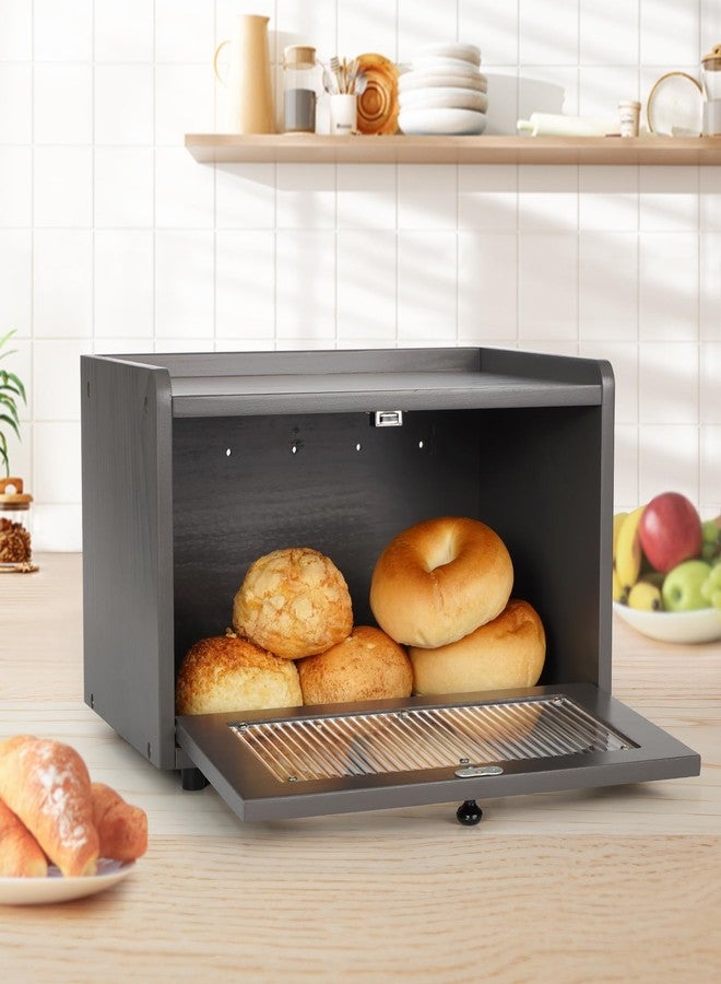 Sunhoo Bread Box for Kitchen Countertop Storage Wooden Breadbox Holder Container Morden Rustic Fresh Bread Keeper Farmhouse Stackable Organizer Bin for Homemade Food Shelf Acrylic Window (Grey) - Image 2
